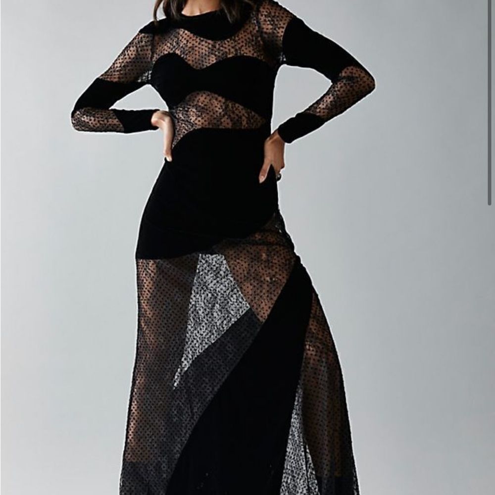 For Love & Lemons Carolyn Maxi Black Velvet Wavy Flocked Dot Lace Panel Dress - Picture 2 of 9